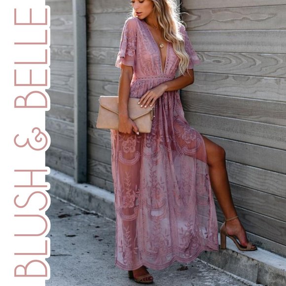 🚨 2 LEFT! FLEUR Mauve Bohemian Lace Maxi Romper Dress - Picture 1 of 9